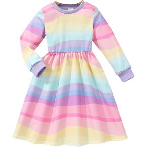 فستان DDSOL للفتيات مخطط بألوان قوس قزح للأطفال الصغار بأكمام طويلة كاجوال على شكل حرف a للخريف والشتاء فستان الشمس لأعياد الميلاد من 2-7 سنوات in Kuwait