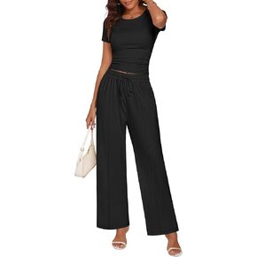 Ficerd Women's 2 Piece Lounge Sets, Short Sleeve Crewneck Crop Top and Elastic Waist Drawstring Wide Leg Pants Ribbed Outfits