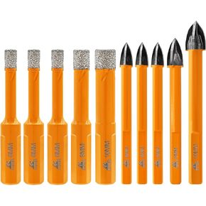 Diamond Drill Bits - 10pcs Tile Drill Bits Kit & Carbide Drill Bits 1/4"/ 5/16"/ 3/8"(6/6/6/8/10MM) for Drilling Ceramic Porcelain Tile Marble Granite Masonry