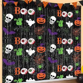 Halloween Party Decorations Scary Black Halloween Photo Backdrop Streamers, 2 Pack 3.3 x 6.6 FT Halloween Decor Foil Fringe Curtains Halloween Backdrops for Parties Birthday Window Door Indoor Outdoor