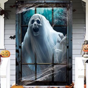 CCNIEE Halloween Window Cover, Large Spooky Window Clings White Cloth Ghost Haunted House Window Decor for Indoor Outdoor Door Wall Halloween Party Poster