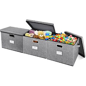Large Toy Box, Stackable Toy Storage Organizer, Collapsible Toy Box Chest with Lid for Nursery, Playroom, Closet, Set of 3