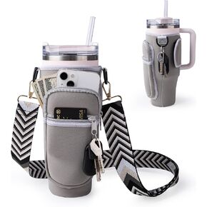 Water Bottle Carrier Bag 40/30 oz for Stanley Cup with Adjustable Strap, Water Bottle Holder for Stanley with Phone Pocket Cup Accessories- Black