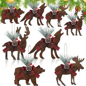 Blulu 8 Pcs Christmas Ornaments with Buffalo Plaid Bow Ornaments Xmas Tree Wooden Reindeer Wolf Bear Decorations Rustic Animal Hanging Decoration for Indoor and Outdoor Xmas Home Decor(Classic Style)