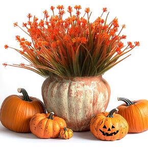Artificial Plants Grasses for Outdoors, Fake Fall Flowers Mums for Home Indoor Garden Decor Window Box Porch Patio Hanging Planter Pathway Front Porch Thanksgiving Xmax Decor (16, Brown Orange)