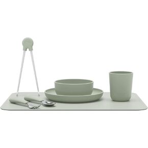 Lalo Big Bites Kids Dinnerware Full Set - Dishwasher Safe, BPA Free, Kids Tableware Set - Includes Stackable Bowl, Plate, Utensils & Cup - 7 Pieces - Sage