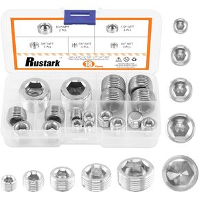25 Pcs Carbon Steel Pipe Plugs Assortment Set with 1/8" 1/4" 3/8" 1/2" 3/4" NPT Pipe Fitting, Countersunk Thread Internal Hex Head Style Male Plug for Water Pump Ports