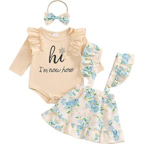 Newborn Baby Girl Clothes Hi I Am New Here Long Sleeve Romper Bodysuit and Floral Overall Skirts Fall Winter Outfits