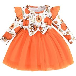 Kunyeah Baby Girls Halloween Tutu Dress Infant Long Sleeve Print Romper Newborn Bow Lace Skirts Outfit