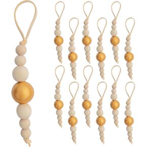 Boho Christmas Tree Ornaments Rustic Wooden Beads Natural Modern Minimalist Xmas Decorative for Home Decor Christmas Tree Bohemian Holiday Set of 12 (Wood Natural)