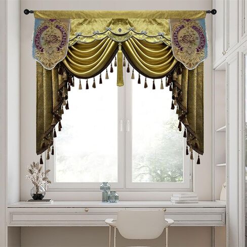 Luxury Brown Burgundy Floral Waterfall Swag Valance with Tassels for Living Room Bedroom Windows European Design Rod Pocket Top (200 cm, 1 Panel) in Saudi Arabia