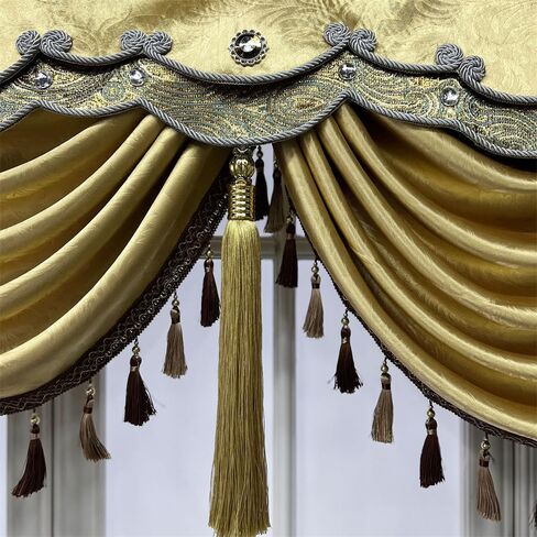 Luxury Brown Burgundy Floral Waterfall Swag Valance with Tassels for Living Room Bedroom Windows European Design Rod Pocket Top (200 cm, 1 Panel) in Saudi Arabia
