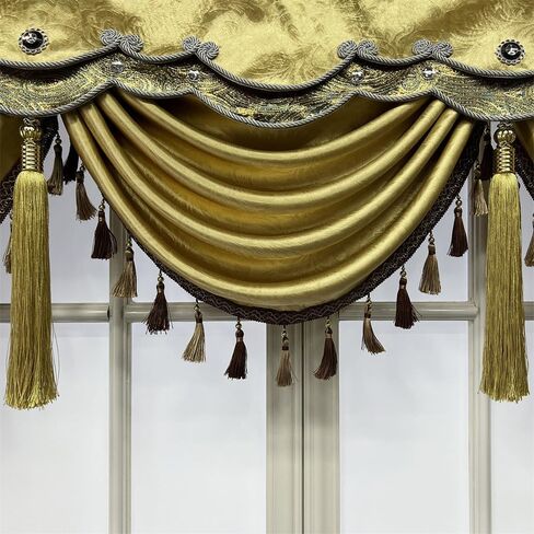 Luxury Brown Burgundy Floral Waterfall Swag Valance with Tassels for Living Room Bedroom Windows European Design Rod Pocket Top (200 cm, 1 Panel) in Saudi Arabia