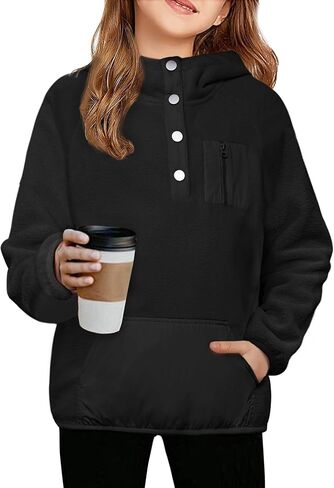 Arshiner Girls Fleece Pullover Hooded Sweatshirt Colorblock Sherpa Hoodie for Teen Girl Winter Button Jacket Coat with Pocket in Kuwait