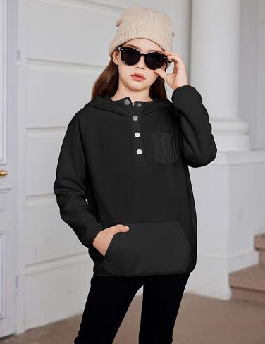 Arshiner Girls Fleece Pullover Hooded Sweatshirt Colorblock Sherpa Hoodie for Teen Girl Winter Button Jacket Coat with Pocket in Kuwait