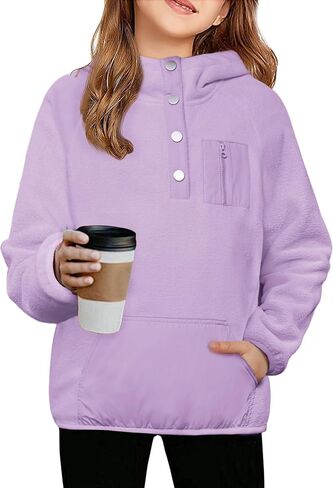 Arshiner Girls Fleece Pullover Hooded Sweatshirt Colorblock Sherpa Hoodie for Teen Girl Winter Button Jacket Coat with Pocket in Kuwait