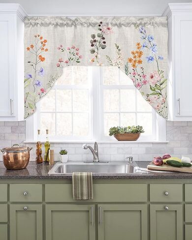Eucalyptus Sunflower Swag Kitchen Curtain Sets with Valance,3 Pieces Rod Pocket Curtain Drapes for Bedroom Windows,Watercolor Floral Botanical Plant Farm Herb 56''x36'' & 36''x27.5''x2Panels in Kuwait