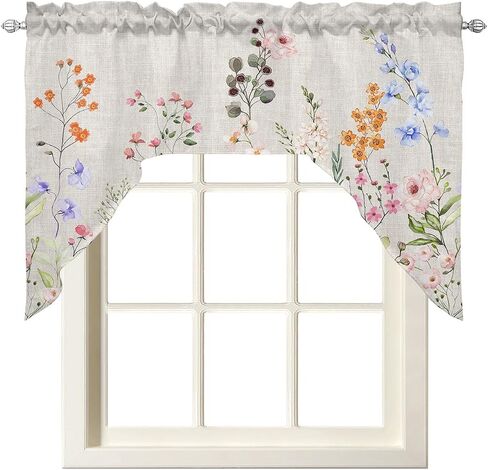 Eucalyptus Sunflower Swag Kitchen Curtain Sets with Valance,3 Pieces Rod Pocket Curtain Drapes for Bedroom Windows,Watercolor Floral Botanical Plant Farm Herb 56''x36'' & 36''x27.5''x2Panels in Kuwait