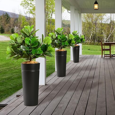 KOL 4.2FT Artificial Fiddle Leaf Fig Tree with Galvanized Steel Black Planter, Realistic Fake Faux Silk Plant & Superbly Crafted Flower Pot, Modern Elegant Home Office Living Room Decor Indoor Outdoor in Saudi Arabia