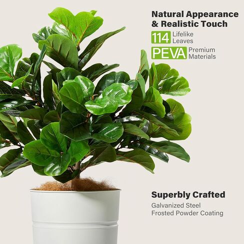 KOL 4.2FT Artificial Fiddle Leaf Fig Tree with Galvanized Steel Black Planter, Realistic Fake Faux Silk Plant & Superbly Crafted Flower Pot, Modern Elegant Home Office Living Room Decor Indoor Outdoor in Saudi Arabia