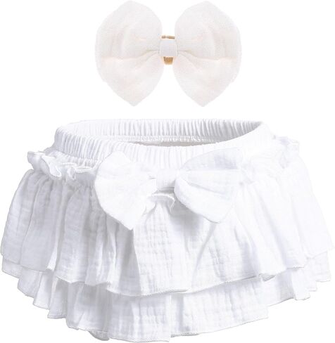 Newborn Baby Girl Cotton Skirts with Built-in Shorts Toddlers Ruffle Diaper Covers Infant Skorts with Bows Headband Set in Saudi Arabia