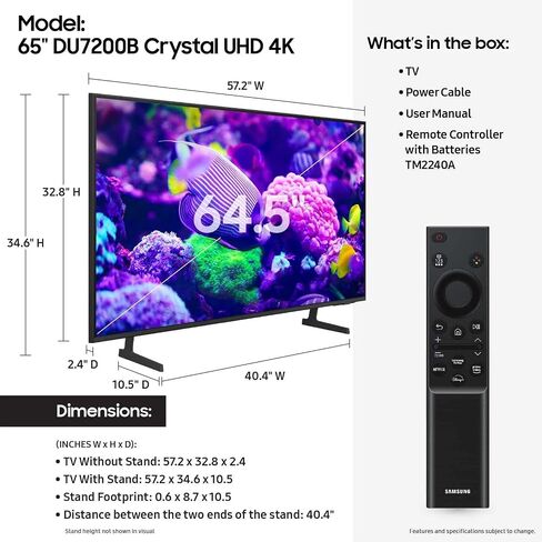 SAMSUNG 65-Inch Class DU7200 Series Crystal UHD 4K Smart Tizen TV PurColor | Mega Contrast | Motion Xcelerator | Q-Symphony-Only UN65DU7200BXZA (Renewed) in Saudi Arabia