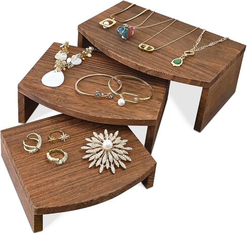 MOOCA 3-Piece Wooden Jewelry Display Risers - Multi-Function Retail Stands for Rings, Watches, Necklaces, Bracelets, and More - Various Heights, Black Color in Kuwait
