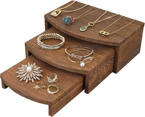 MOOCA 3-Piece Wooden Jewelry Display Risers - Multi-Function Retail Stands for Rings, Watches, Necklaces, Bracelets, and More - Various Heights, Black Color in Kuwait