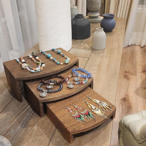 MOOCA 3-Piece Wooden Jewelry Display Risers - Multi-Function Retail Stands for Rings, Watches, Necklaces, Bracelets, and More - Various Heights, Black Color in Kuwait
