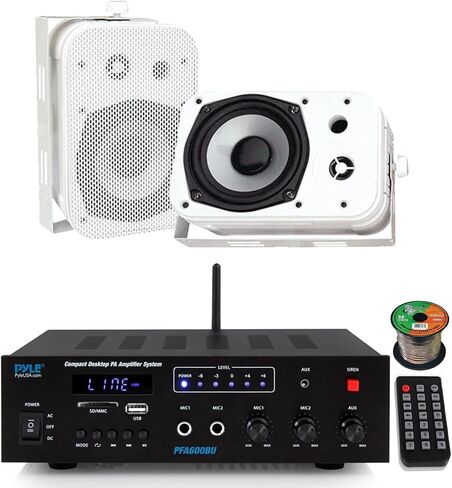 Pyle PFA600BU مدمج بلوتوث USB AUX FM راديو نظام استقبال مضخم للعناوين العامة حزمة كومبو مع 2X 5.25 400W أقصى قوة مكبرات صوت مقاومة للماء للاستخدام الداخلي والخارجي، سلك مكبر صوت 16 قياس in Kuwait