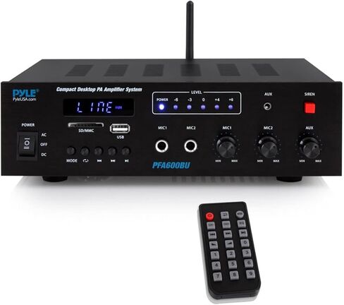 Pyle PFA600BU مدمج بلوتوث USB AUX FM راديو نظام استقبال مضخم للعناوين العامة حزمة كومبو مع 2X 5.25 400W أقصى قوة مكبرات صوت مقاومة للماء للاستخدام الداخلي والخارجي، سلك مكبر صوت 16 قياس in Kuwait