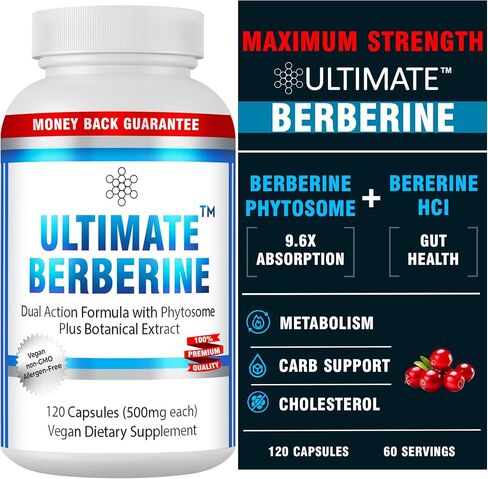 Ultimate Berberine Phytosome Plus Berberine HCL for Healthy Weight Management, Carbohydrate Metabolism, GI, Immunity & Cholesterol Support - 1000mg Maximum Strength Supplement (30 Day Supply) in Kuwait