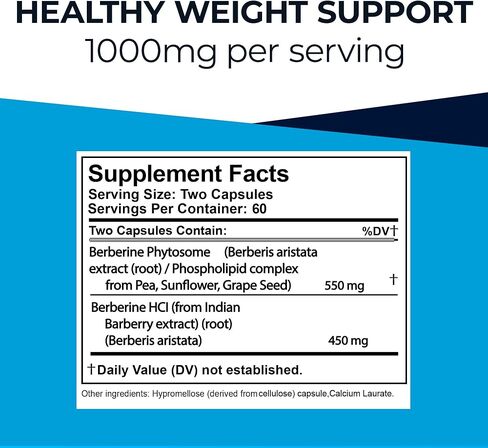 Ultimate Berberine Phytosome Plus Berberine HCL for Healthy Weight Management, Carbohydrate Metabolism, GI, Immunity & Cholesterol Support - 1000mg Maximum Strength Supplement (30 Day Supply) in Kuwait