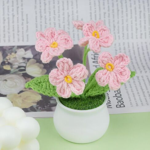 Knitting Crochet Flowers Potted Plants, Fake Forget Me Not Flowers for Friends, Family and Lover, Artificial Handmade Flowers for Birthday Wedding Teacher’Day Gift and Home Decor (Gpink) in Saudi Arabia