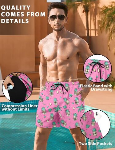 Buauty Mens Swim Trunks with Compression Liner 5 Inch Inseam Swim Shorts Quick Dry Mens Swimsuit Board Shorts with Pockets in Saudi Arabia