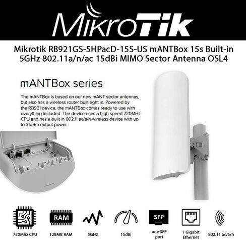 Mikrotik mANTBox 15s مدمج 5 جيجا هرتز 802.11a/n/ac 15dBi MIMO قطاع هوائي OSL4 (RB921GS-5HPacD-15S-US) in Saudi Arabia