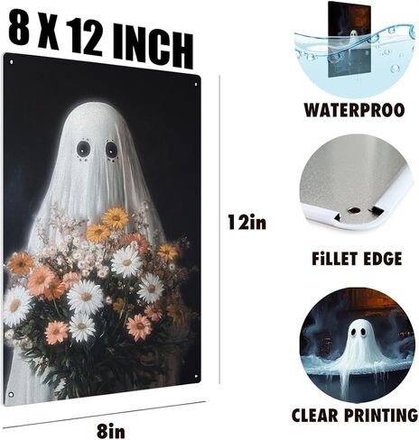 Halloween Sign Decor Cute Gothic Ghost Metal Tin Sign Ghost Picnic Under the Tree Sign Decor Decorations for Home Kitchen Halloween Decor Gifts in Saudi Arabia
