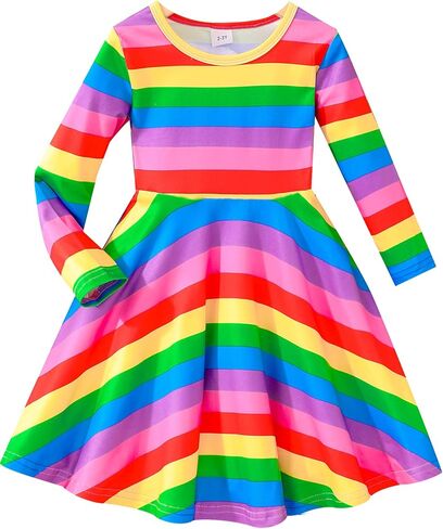 DDSOL Girl Stripe Rainbow Dress Toddler Little Long Sleeve Kid Casual A-Line Fall Winter Christmas Sundress 2-7 Year in Saudi Arabia