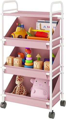 Buzowruil Utility Rolling Fabric Storage Rack Trolley Toy Rack Storage Cart Trolley with 3 Large Storage Boxes，Wheels, Suitable for Bedroom, Living Room, Entryway, Pink in Saudi Arabia
