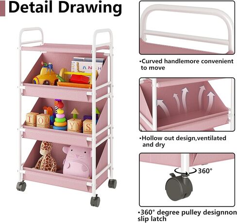 Buzowruil Utility Rolling Fabric Storage Rack Trolley Toy Rack Storage Cart Trolley with 3 Large Storage Boxes，Wheels, Suitable for Bedroom, Living Room, Entryway, Pink in Saudi Arabia
