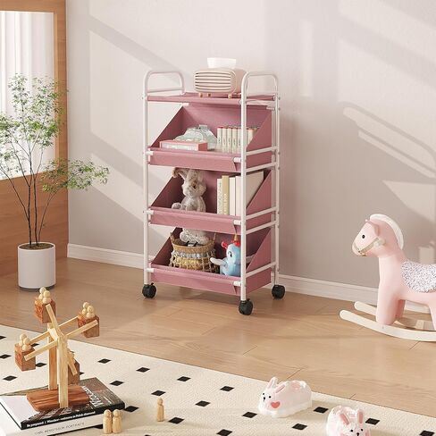 Buzowruil Utility Rolling Fabric Storage Rack Trolley Toy Rack Storage Cart Trolley with 3 Large Storage Boxes，Wheels, Suitable for Bedroom, Living Room, Entryway, Pink in Saudi Arabia