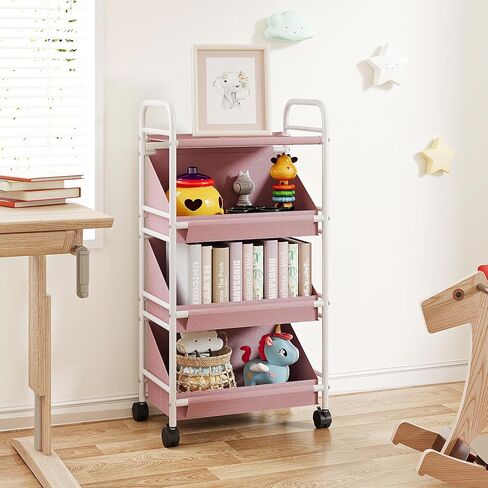 Buzowruil Utility Rolling Fabric Storage Rack Trolley Toy Rack Storage Cart Trolley with 3 Large Storage Boxes，Wheels, Suitable for Bedroom, Living Room, Entryway, Pink in Saudi Arabia