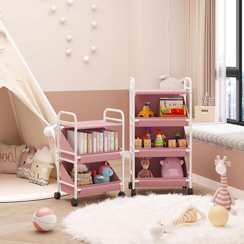 Buzowruil Utility Rolling Fabric Storage Rack Trolley Toy Rack Storage Cart Trolley with 3 Large Storage Boxes，Wheels, Suitable for Bedroom, Living Room, Entryway, Pink in Saudi Arabia