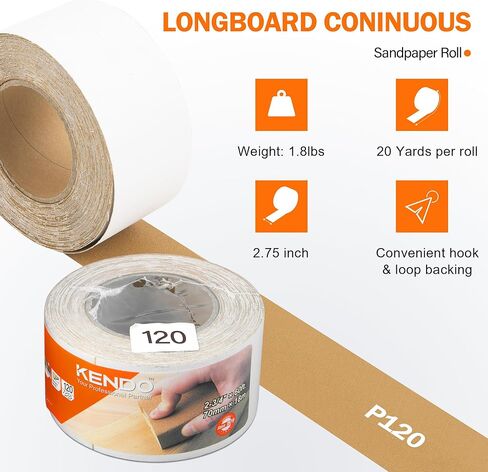 KENDO 320 Grit Sandpaper Roll, 2-3/4" Wide 20 Yard Longboard Self Adhesive PSA Stickyback Sand Paper for Automotive, Hand Sanding Blocks, Woodworking, Metal, Plastic in Kuwait
