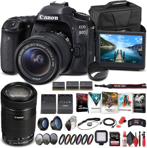 Canon EOS 80D DSLR Camera with 18-55mm Lens (1263C005) + EF-S 55-250mm Lens + 64GB Memory Card + Case + Corel Photo Software + 2 x LPE6 Battery + External Charger + Card Reader + More (Renewed) in Saudi Arabia
