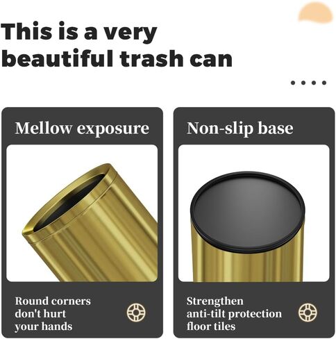 2.6/3.7 Gallon Round Metal Trash Can Without lid, Dual Layer Rust-Proof Garbage Bin, Waste Basket with Gold Edge or Silver Edge for Bathroom,Bedroom,Kitchen, Hotel,Office (88J Gold) in Kuwait
