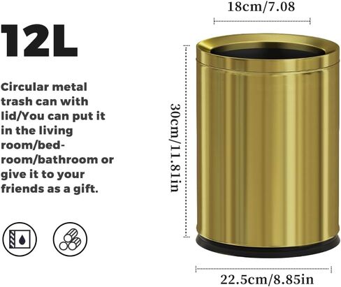 2.6/3.7 Gallon Round Metal Trash Can Without lid, Dual Layer Rust-Proof Garbage Bin, Waste Basket with Gold Edge or Silver Edge for Bathroom,Bedroom,Kitchen, Hotel,Office (88J Gold) in Kuwait