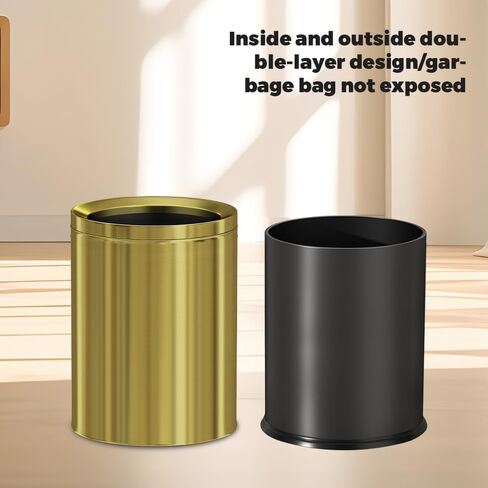2.6/3.7 Gallon Round Metal Trash Can Without lid, Dual Layer Rust-Proof Garbage Bin, Waste Basket with Gold Edge or Silver Edge for Bathroom,Bedroom,Kitchen, Hotel,Office (88J Gold) in Kuwait
