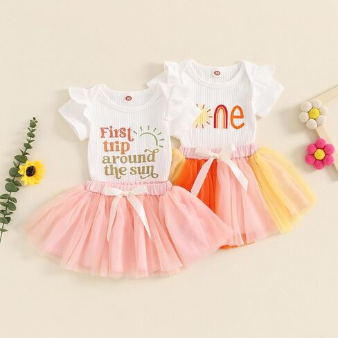 Hoanselay Baby Girl 1st Birthday Clothes One Year Old Short Sleeve Romper and Tulle Tutu Skirt Dress Set Cake Smash Outfits in Saudi Arabia