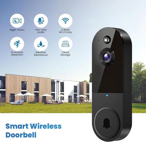 1080P Video Doorbell Camera, Wireless Indoor/Outdoor Surveillance Camera, Cloud Storage, 2.4G WiFi Only, AI Human Detection, Instant Alert, Night Vision, Two Way Audio (Black) in Saudi Arabia